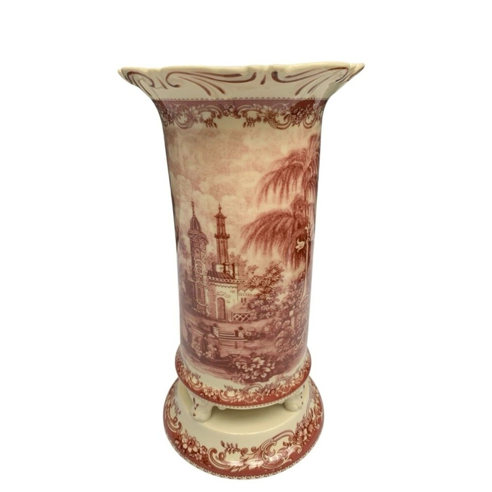 Burton + Burton Red Toile Floral Vase 10" Tall Footed Scalloped Ceramic Country